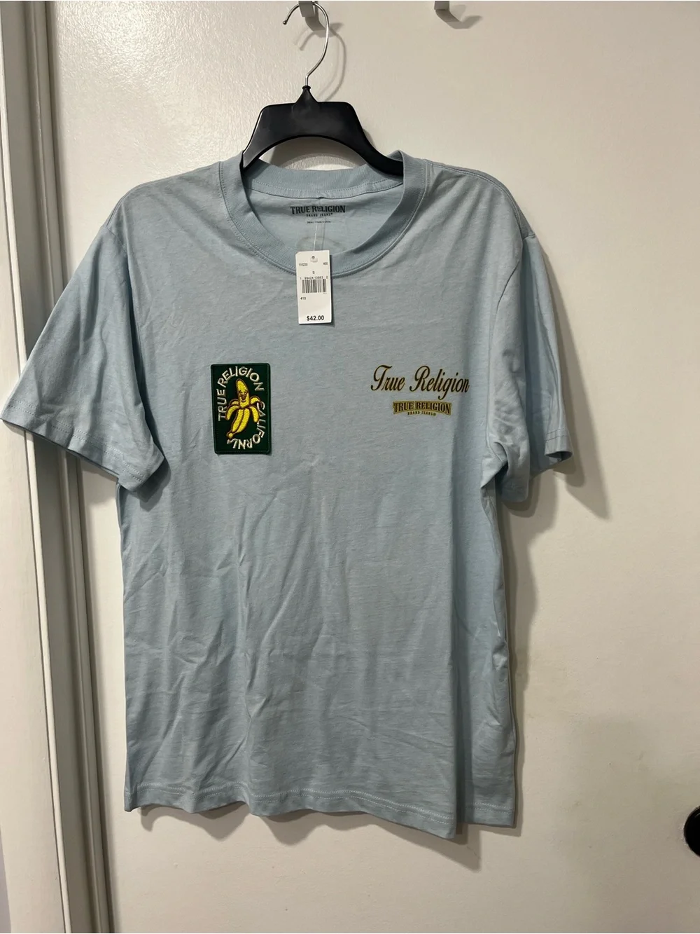 True Religion Light Blue Short-Sleeve Logo Tee with Yellow Accents